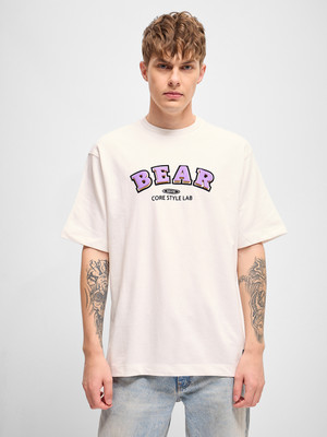 THE BEAR HOUSE Self Design Men Round Neck White T-Shirt
