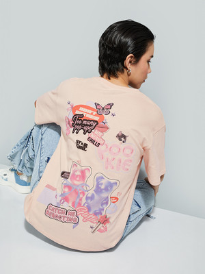 MAX Printed Women Round Neck Pink T-Shirt