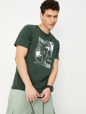 MAX Printed, Typography Men Round Neck Green T-Shirt