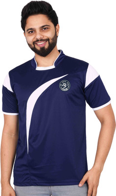 La Milano Colorblock Men Mandarin Collar Navy Blue T-Shirt