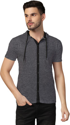 GEUM Solid Men Hooded Neck Grey T-Shirt