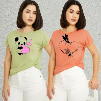 Lecowar Printed Women Round Neck Green, Pink T-Shirt