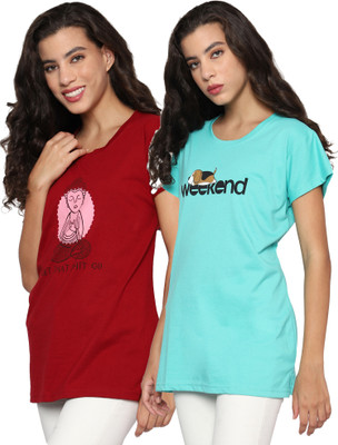 TWF Solid Women Round Neck Light Blue, Red T-Shirt