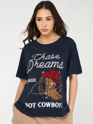 BEWAKOOF Graphic Print Women Round Neck Blue T-Shirt