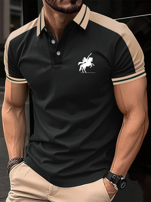 Jump Cuts Printed Men Zip Neck Black, Beige T-Shirt