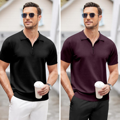NTIFIC Solid Men Polo Neck Black, Purple T-Shirt
