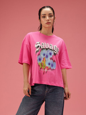Dressberry Printed Women Round Neck Pink T-Shirt