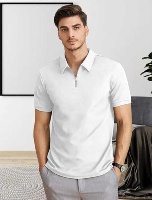 Lowrate Solid Men Zip Neck White T-Shirt