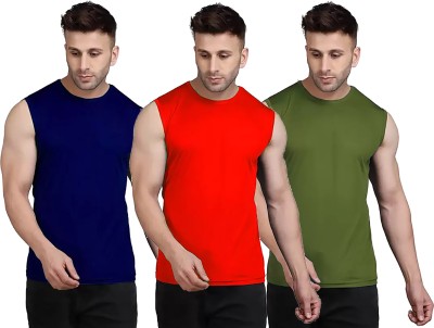 Renowned Solid Men Round Neck Dark Blue, Red, Dark Green T-Shirt