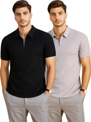 RMLKN Self Design, Solid Men Zip Neck Black, Grey T-Shirt