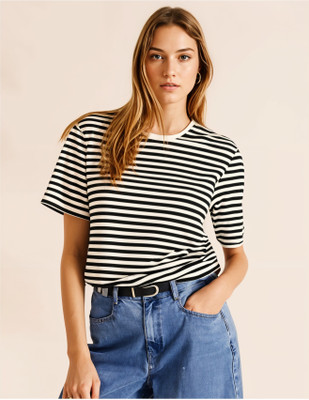 MACK JONNEY Striped Women Round Neck Black T-Shirt