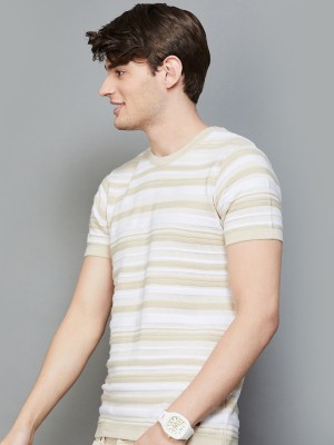 Fame Forever by Lifestyle Striped Men Round Neck Beige T-Shirt