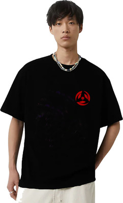 Peach Blossom Printed Men Round Neck Black T-Shirt