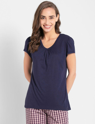 JOCKEY Solid Women V Neck Dark Blue T-Shirt
