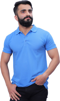 GOLDMONK Solid Men Polo Neck Blue T-Shirt