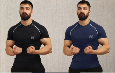 HouseOfCommon Solid Men Round Neck Black, Dark Blue T-Shirt