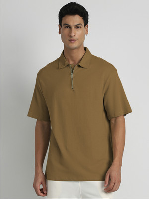 NOBERO Solid Men Polo Neck Brown T-Shirt