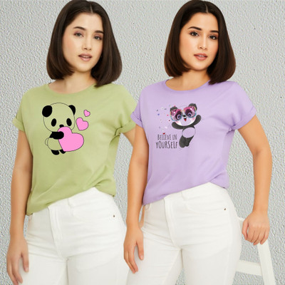 Lecowar Printed Women Round Neck Green, Purple T-Shirt