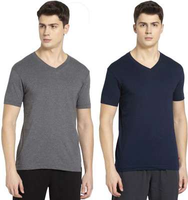 JOCKEY Solid Men V Neck Grey, Dark Blue T-Shirt