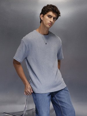 WROGN Solid Men Crew Neck Blue T-Shirt