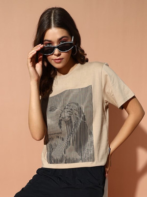 THE DRY STATE Printed Women Round Neck Brown T-Shirt