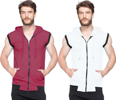Adorbs Solid Men Hooded Neck White, Maroon T-Shirt