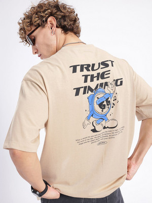 Glitchez Printed Men Round Neck Beige T-Shirt