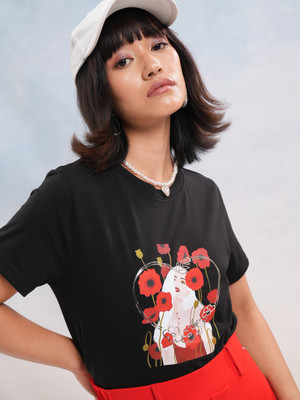 Tokyo Talkies Printed Women Round Neck Black T-Shirt