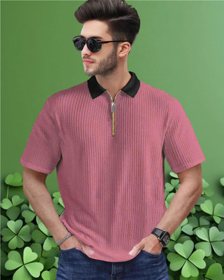 METRONAUT Self Design Men Zip Neck Pink T-Shirt