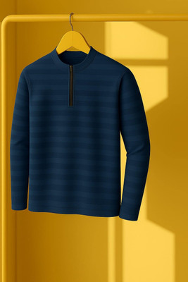 KASPY Striped Men Zip Neck Navy Blue T-Shirt