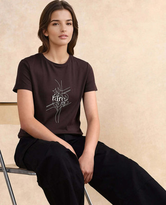 RAREISM Graphic Print Women Crew Neck Brown T-Shirt