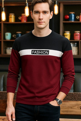 FASHIUM Colorblock Men Round Neck Maroon, Black T-Shirt