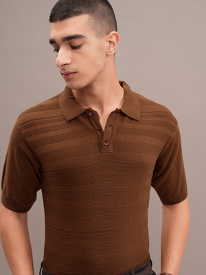 HIGHLANDER Self Design Men Polo Neck Brown T-Shirt