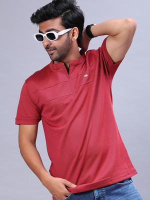 V-MART Solid Men Henley Neck Red T-Shirt