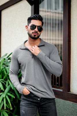 INDICLUB Solid Men Polo Neck Grey T-Shirt