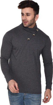GEUM Solid Men High Neck Grey T-Shirt