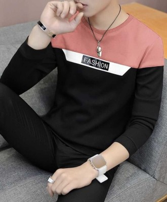 Try This Colorblock Men Round Neck Pink, Black T-Shirt