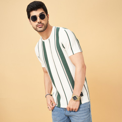 PEOPLE Striped Men Round Neck White T-Shirt