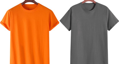 lalita creation Solid Men Round Neck Orange, Grey T-Shirt
