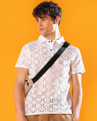 INDICLUB Self Design Men Polo Neck White T-Shirt