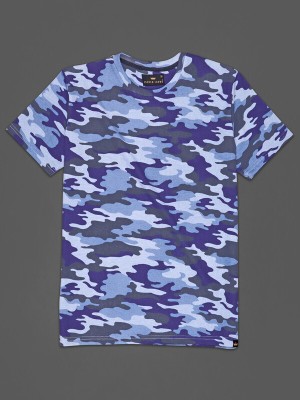 french crown Printed Men Round Neck Blue T-Shirt