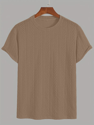 KAJARU Self Design Men Round Neck Brown T-Shirt