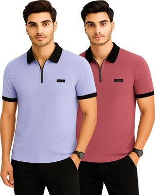 R ROCKIN TEES Solid Men Zip Neck Multicolor T-Shirt