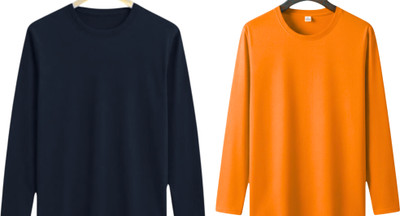 P collection Solid Men Round Neck Navy Blue, Orange T-Shirt