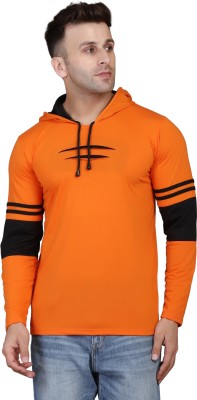 HIGHLANCE Self Design Men Hooded Neck Black, Orange T-Shirt