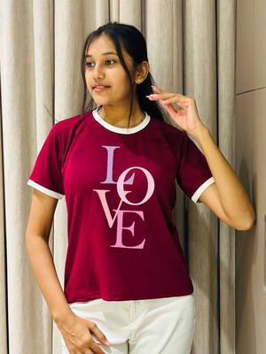 Moda Rapido Printed Women Round Neck Maroon T-Shirt