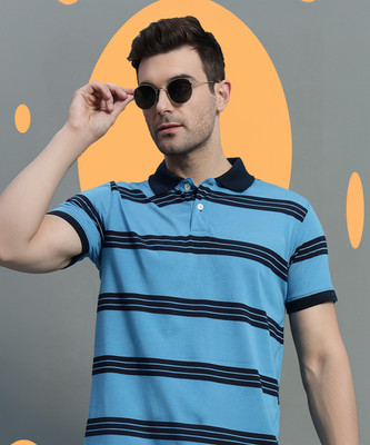 GETGOLF Striped Men Polo Neck Light Blue T-Shirt