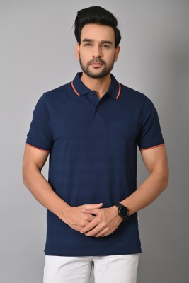 Arbour Striped Men Polo Neck Navy Blue T-Shirt