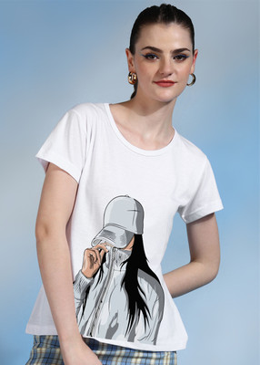 Moda Rapido Printed Women Round Neck White T-Shirt