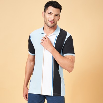 Byford by Pantaloons Striped Men Polo Neck Light Blue, White, Black T-Shirt